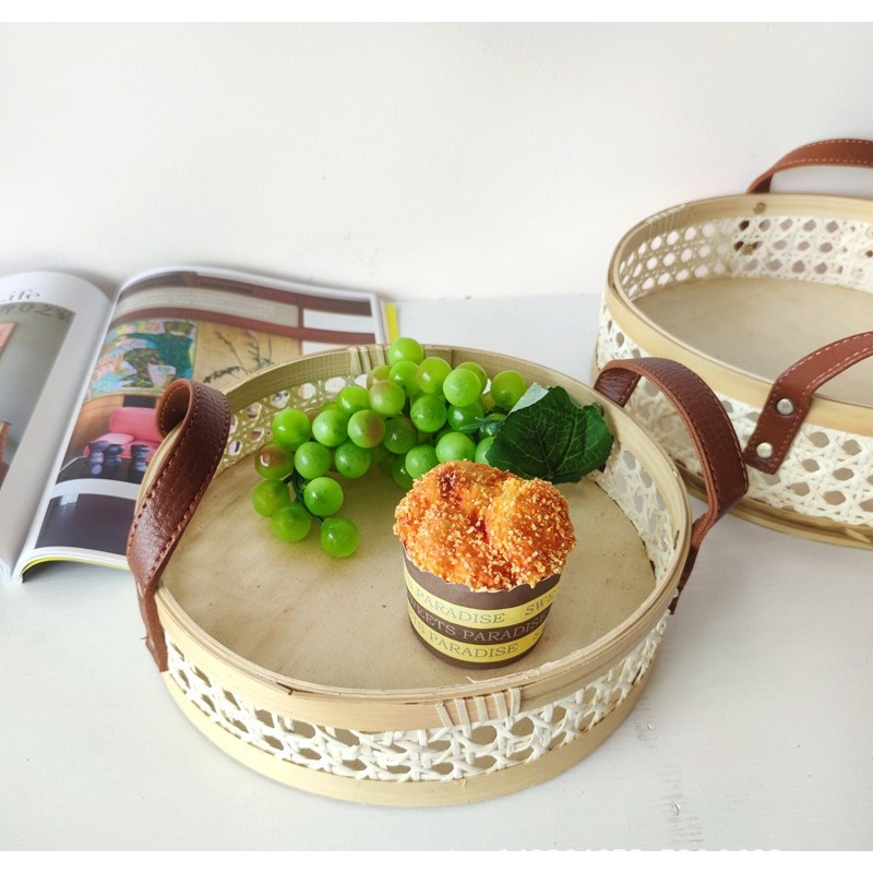 Rattan Tray Handle - Bandeja redonda de ratán nórdico retro